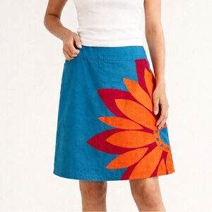 Boden Teal Applique Floral Skirt Size 14 Cotton Lined Retro Y2K Sunburst A-Line